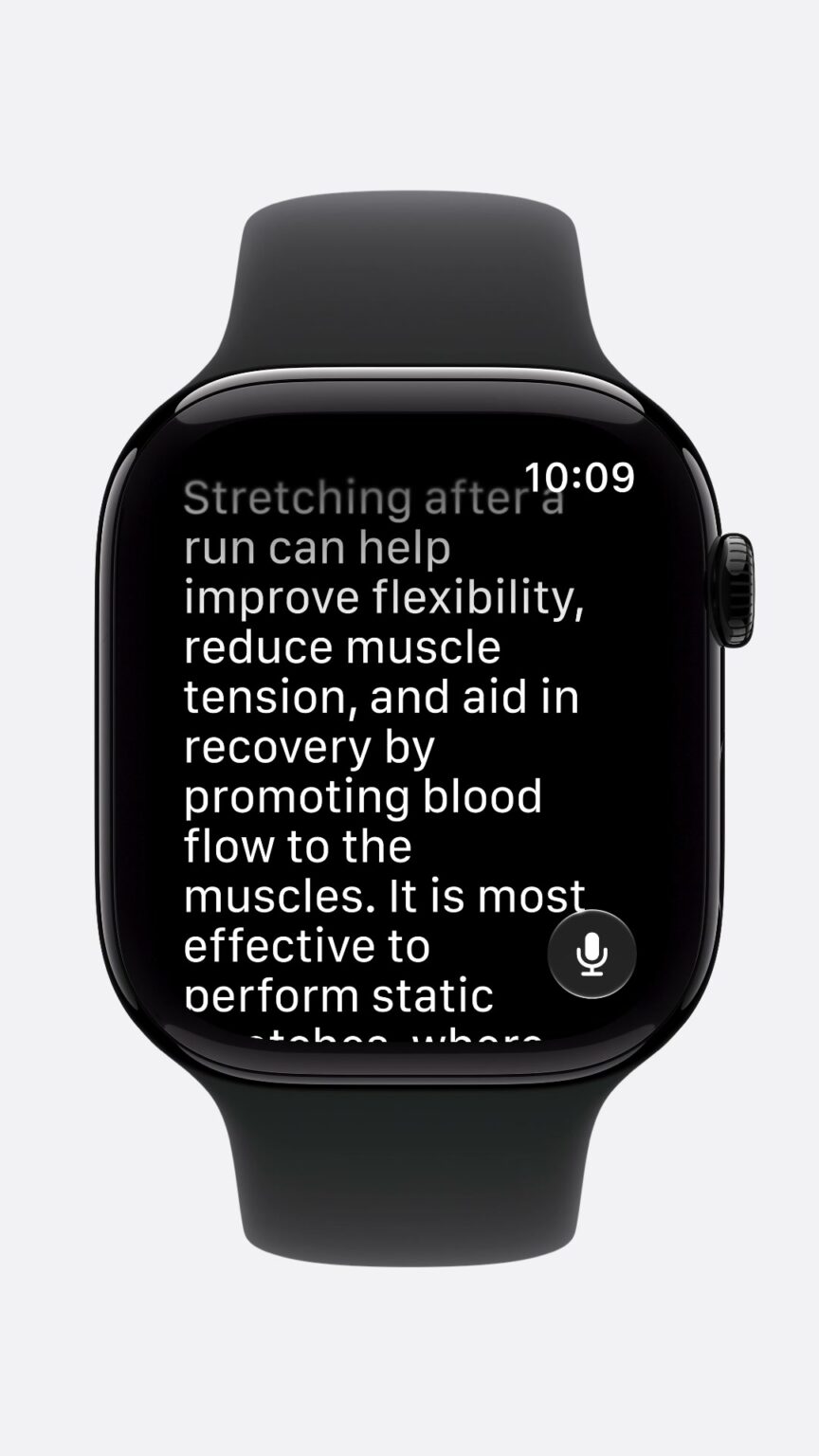 watchOS 27.2でSiri AIが日本語に対応|RCの更新版が公開 前の会話を覚えて正式版は来週の見込み【海外ニュース】 – Smart Watch Life|スマートウォッチとガジェットのデジタル活用専門メディア Apple WatchでSiri AIから受け取った回答のテキストが画面に表示され、マイクボタンが並んでいるところ