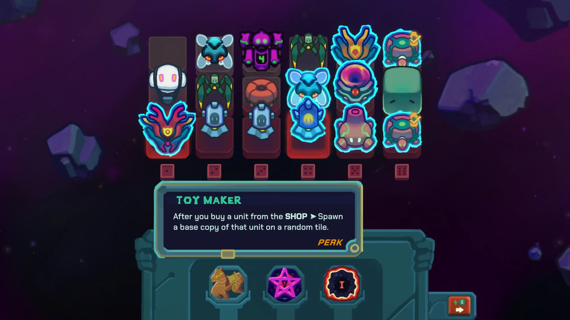 TOY MAKERパークの説明が表示されたゲーム画面。ユニットが並ぶ