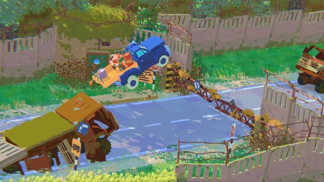 Truckful / トラックフルのゲーム画面。青いピックアップトラックが道路上でジャンプしている