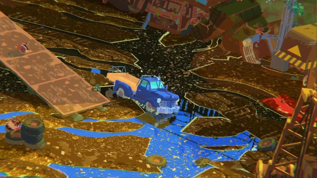 不思議な田園地帯を青いピックアップトラックが走る、沼地や水路のあるゲーム画面