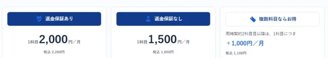 個人向け料金:返金保証あり2,000円・なし1,500円、複数科目は+1,000円
