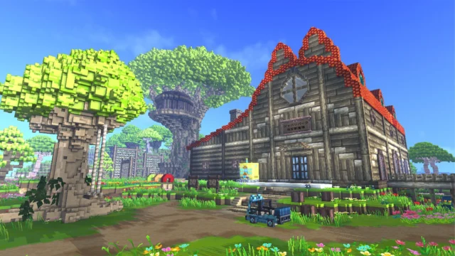 おもかげの住処：ボクセルで作られた大きな木造の洋館と大木のある風景