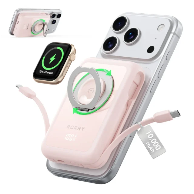 RORRY MagAir ピンク。リング付きでiPhoneに装着、Apple Watchも充電