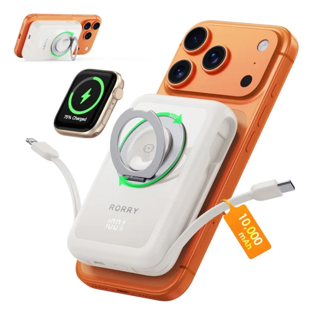 RORRY MagAir MagSafe対応モバイルバッテリー ホワイト、リングスタンドと2本のケーブル