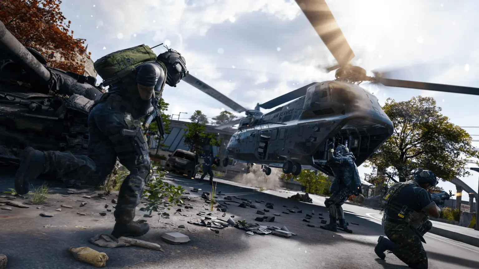 Call of Duty: Modern Warfare 4のゲーム画面。着陸するヘリと武装した兵士たち