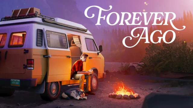 『Forever Ago』のキーアート。夕暮れの焚き火のそばでバンに座る男性と犬