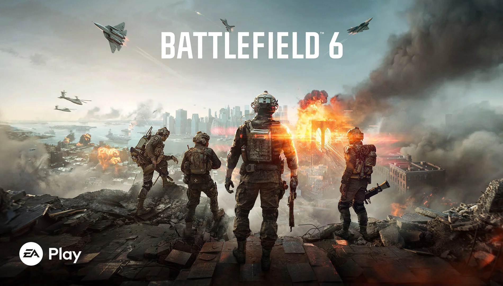 Battlefield 6のキービジュアル。兵士4人が崩れた街を見渡す