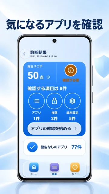 スマホ乗っ取りチェッカーの診断結果画面。総合スコア50点、確認項目8件