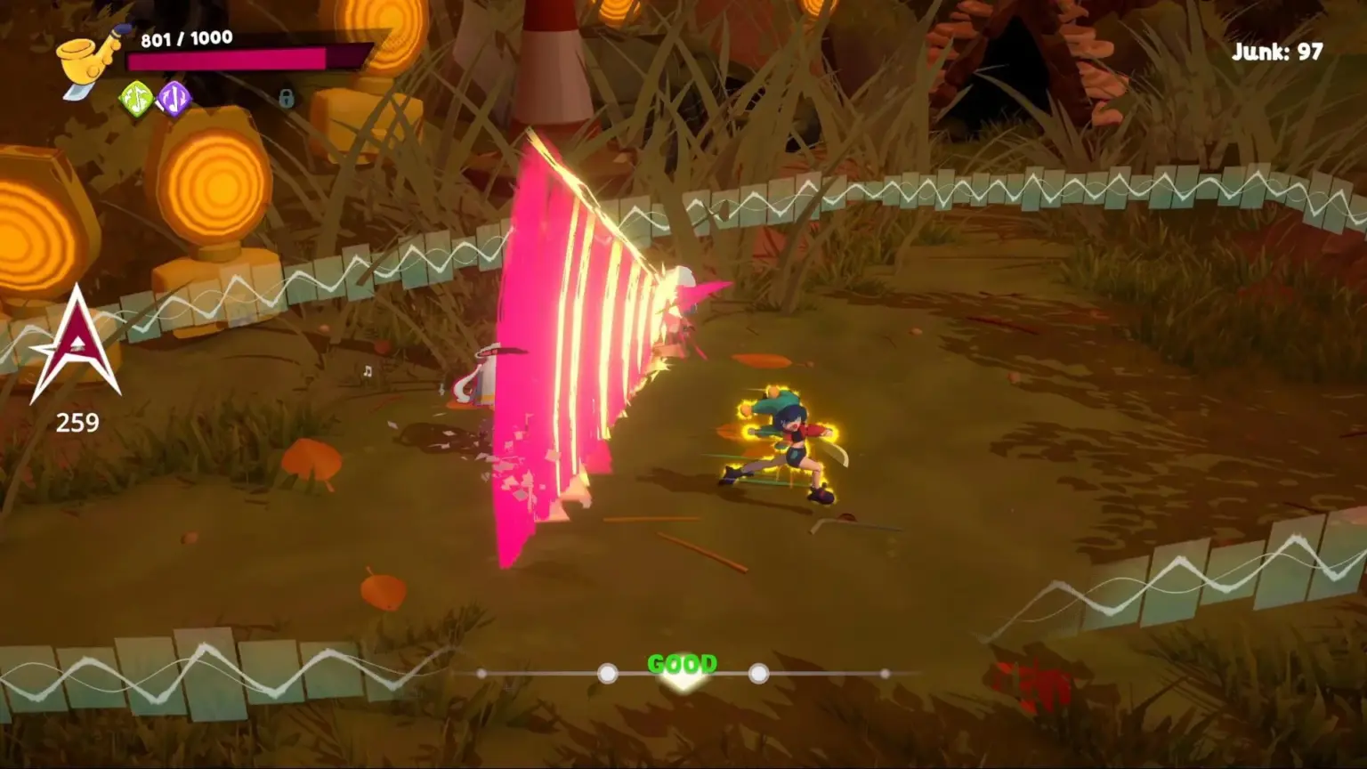 ピンクの大きな斬撃エフェクトと戦うキャラクターのゲーム画面