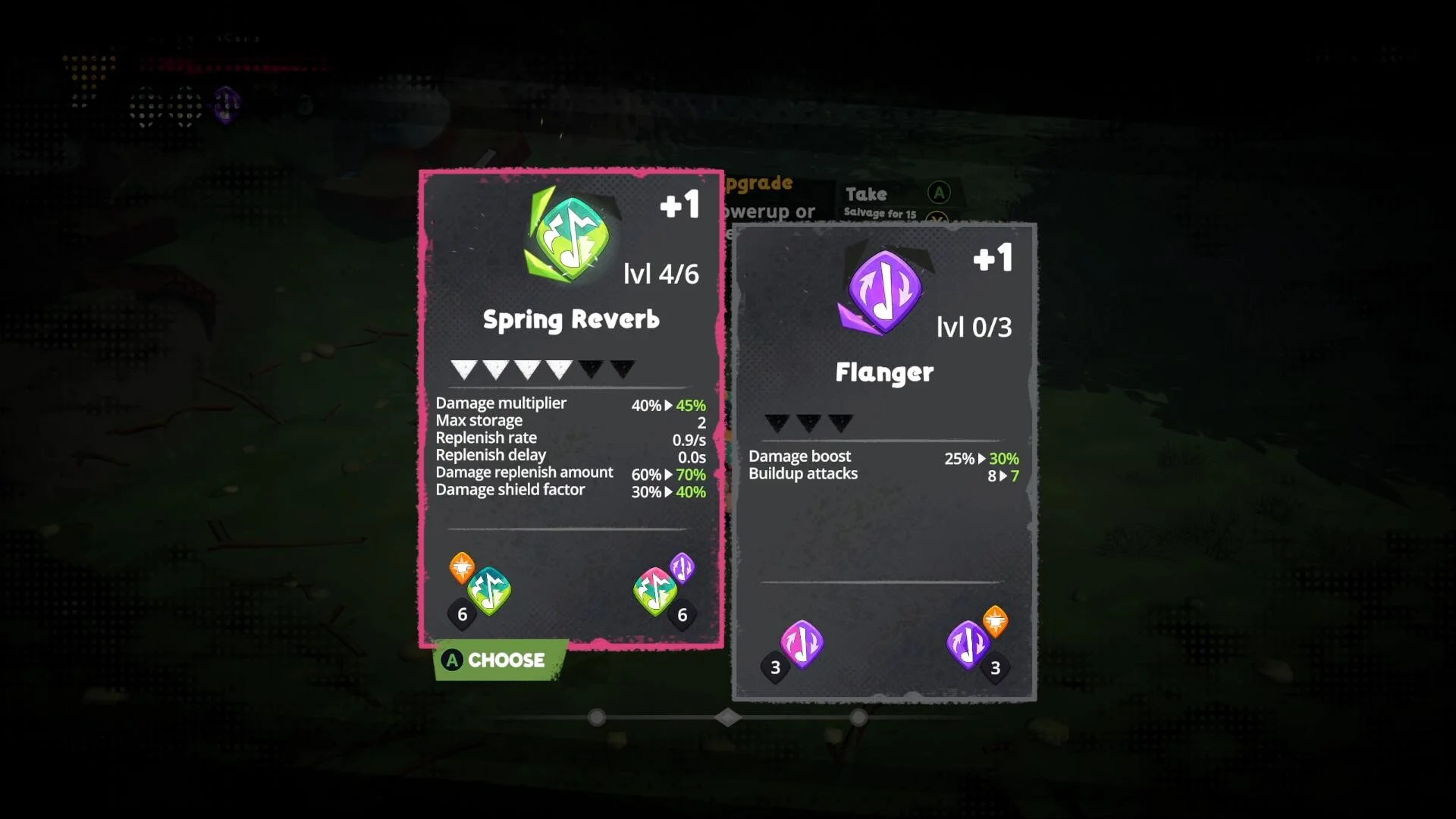 Spring Reverb(lvl 4/6)とFlanger(lvl 0/3)のアップグレード選択画面
