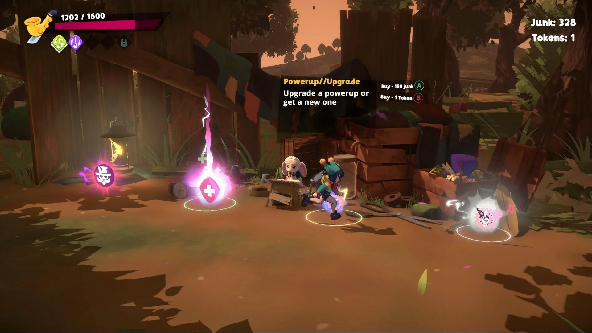 Powerup//Upgrade表示が出るゲーム画面。キャラクターと光るアイテム