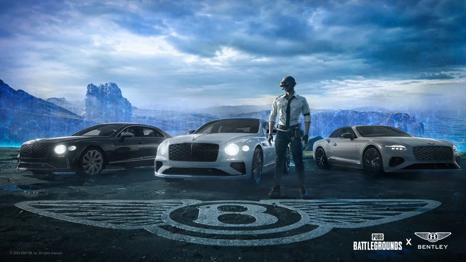 PUBG x ベントレーのコラボ告知。ヘルメット姿のキャラと車3台