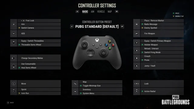 コントローラー設定画面。プリセット「PUBG STANDARD [DEFAULT]」のボタン割り当て