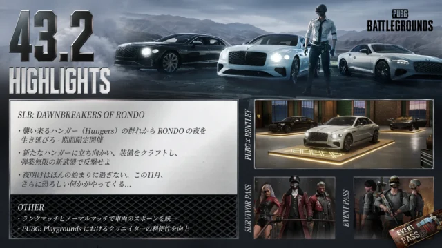 PUBG 43.2 HIGHLIGHTSのまとめ画像。ベントレー車両3台とSLBモード、パスの紹介