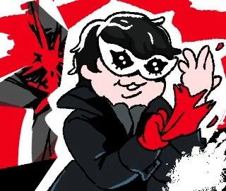 黒髪に白い仮面の怪盗風キャラのデフォルメイラスト。赤い手袋で赤い背景