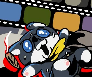 フィルム風の背景で横たわる、青い目の黒白のキャラクターのイラスト