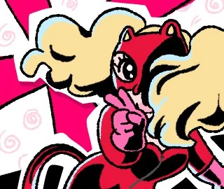赤いフードの金髪キャラがピースをするイラスト