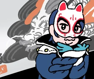 狐の面をつけ腕を組む青い服のキャラクターのイラスト