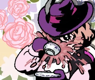 紫の帽子の人物が茶色い液体を顔に浴びるイラスト