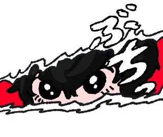 可哀想に！先生描き起こしのLINEアニメーションスタンプ、黒髪キャラが波の中から顔を出すイラスト