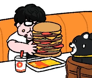 可哀想に！先生描き起こしのLINEアニメーションスタンプ。巨大バーガーを抱える人物と黒いクマ