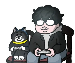 ゲームコントローラーを持つ眼鏡の人物と黒白の猫のイラスト