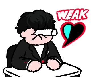 LINEアニメーションスタンプ。机に突っ伏す黒髪の人物と「WEAK」の吹き出し