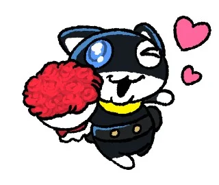 LINEアニメーションスタンプ。赤い花束を抱えハートを飛ばす黒い猫のキャラ