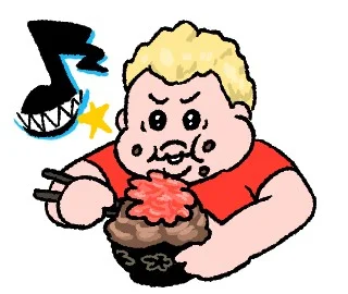 可哀想に！描き起こしLINEアニメーションスタンプ、丼を食べる金髪の人物