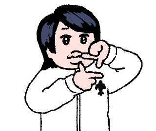 両手で指のフレームを作るダークヘアのイラストキャラクター