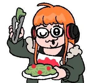 可哀想に！先生描き起こしのLINEアニメーションスタンプ。トングとサラダ皿を持つキャラ