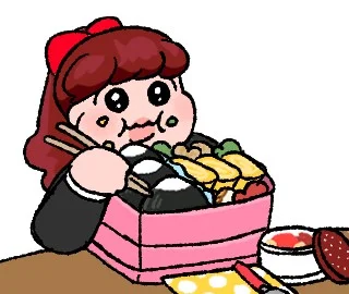 LINEアニメーションスタンプ：重箱の料理を食べる赤いリボンの女の子