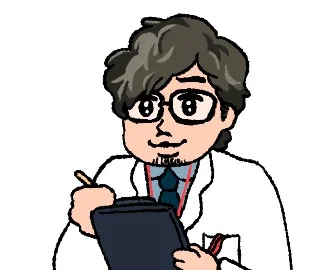 白衣を着てメガネをかけ、板を持つイラストの男性
