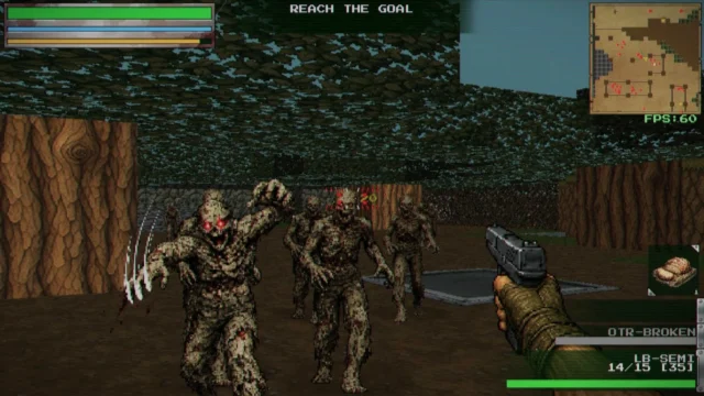Juggernautのゲーム画面。ゾンビが迫る一人称視点のレトロ風FPS
