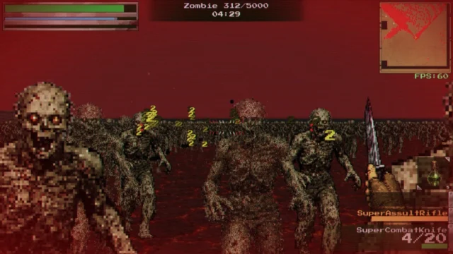 Juggernautのゲーム画面。赤い背景で多数のゾンビとナイフが見える