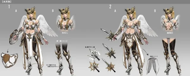 女天狗のコスチュームデザイン画。翼と鎧姿、盾や武器の案