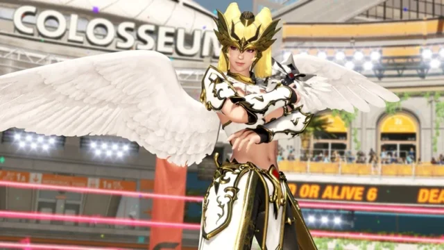 闘技場COLOSSEUMを背景に白い翼と金の兜の鎧姿で腕を組むキャラクター