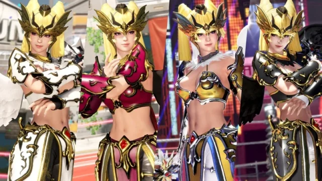 金色の翼付き兜をつけた金髪キャラクターの鎧風コスチューム4色を並べた画像