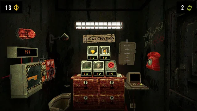 CloverPit のゲーム画面。Lucky Charms の棚と赤い電話がある暗い部屋