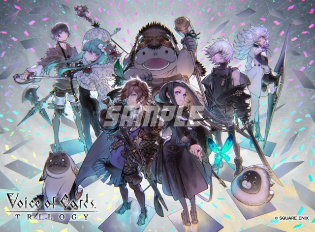 Voice of Cards Trilogyの2L判ブロマイドサンプル。武器を持つ多数のキャラクター