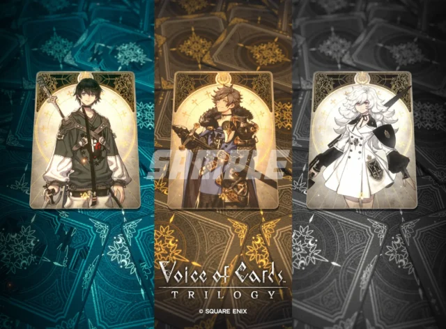 Voice of Cards Trilogyの2L判ブロマイドサンプル、3人のキャラクターカード