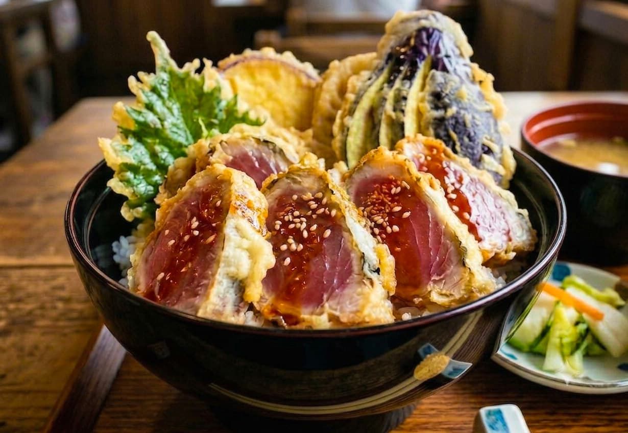 気仙沼市の大島にある「島の味処 こまつ」のレアかつお丼（島の味処 こまつ提供）