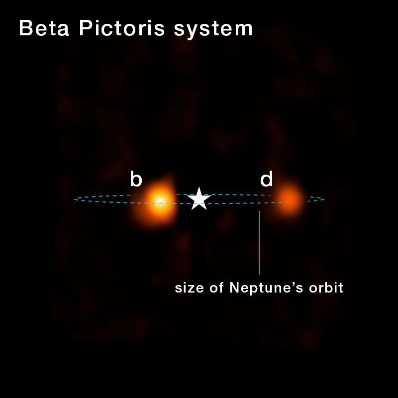 NASAのジェイムズ・ウェッブ宇宙望遠鏡（JWST）の再構成画像に捉えられた、新発見の惑星「がか座β星d」。その軌道は、太陽系の海王星が位置する領域に近いとみられている。