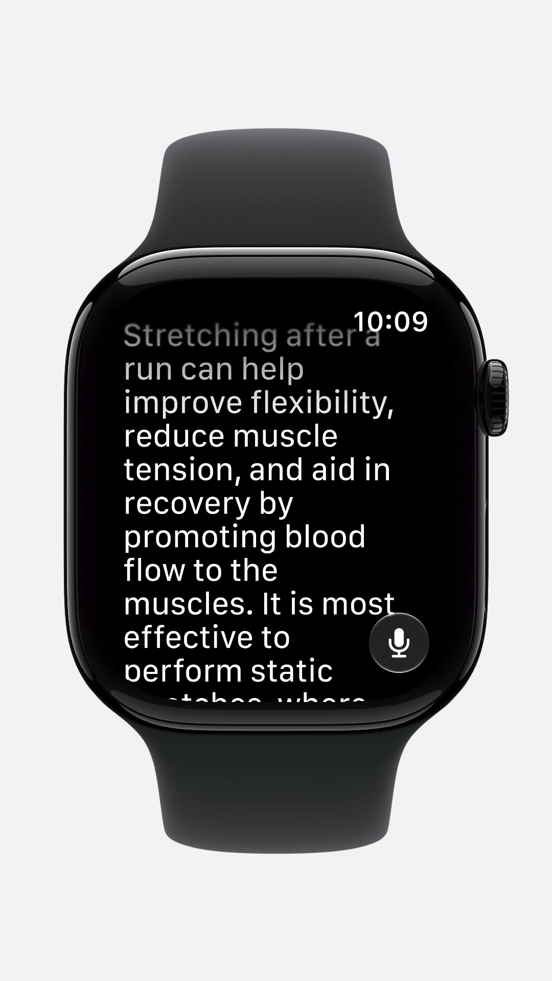 Apple WatchでSiri AIから受け取った回答のテキストが画面に表示され、マイクボタンが並んでいるところ