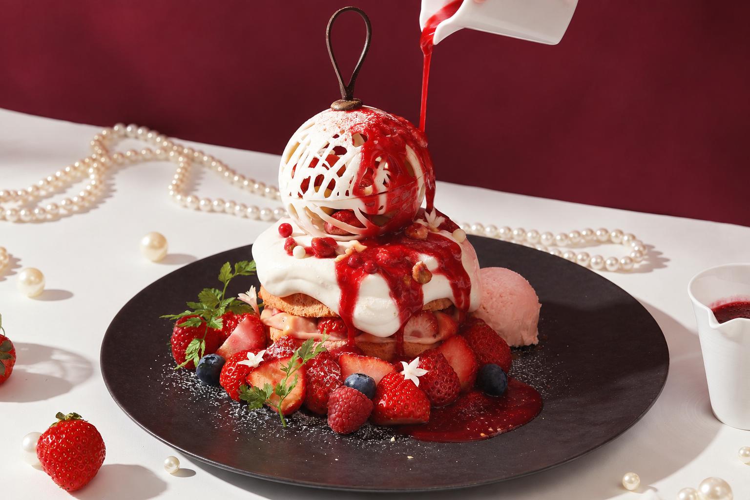 「ストロベリーオーナメントパンケーキ」3,850円、ドリンクセット 4,730円