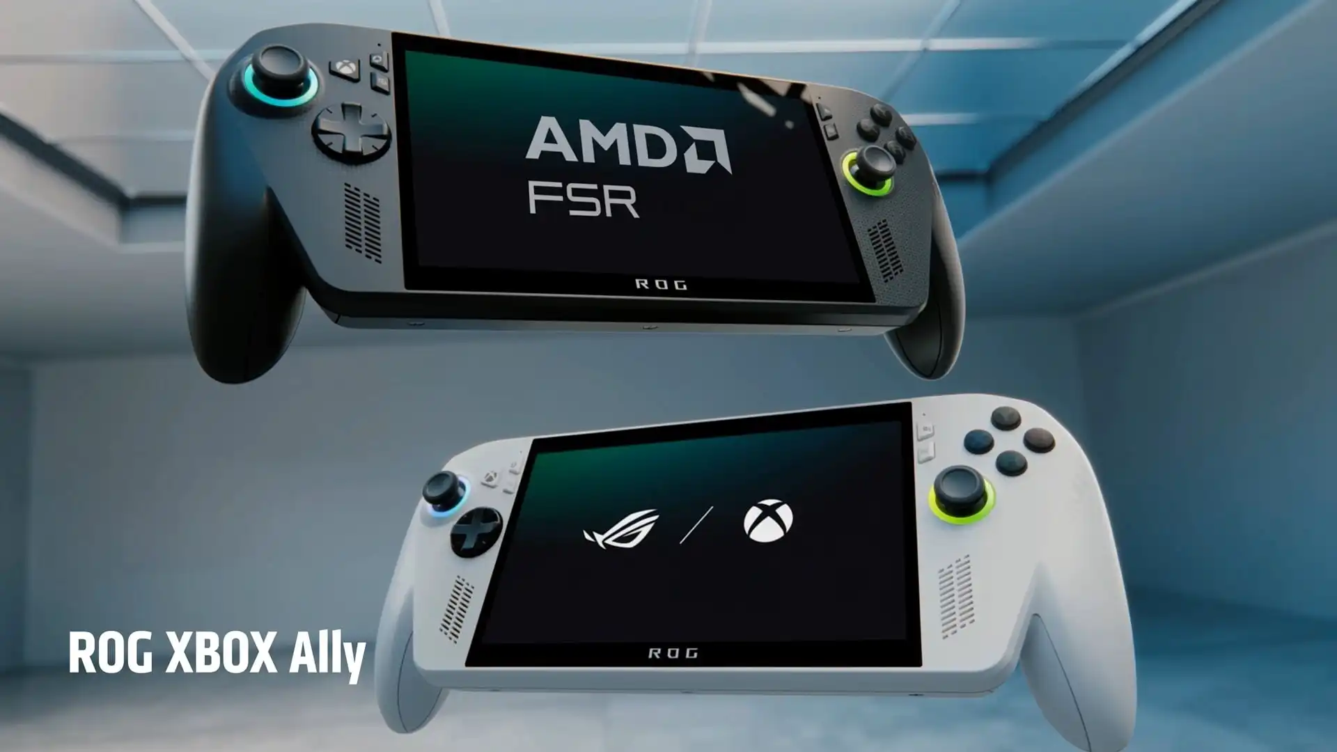 AMD FSRのロゴを表示したROG XBOX Allyの2台