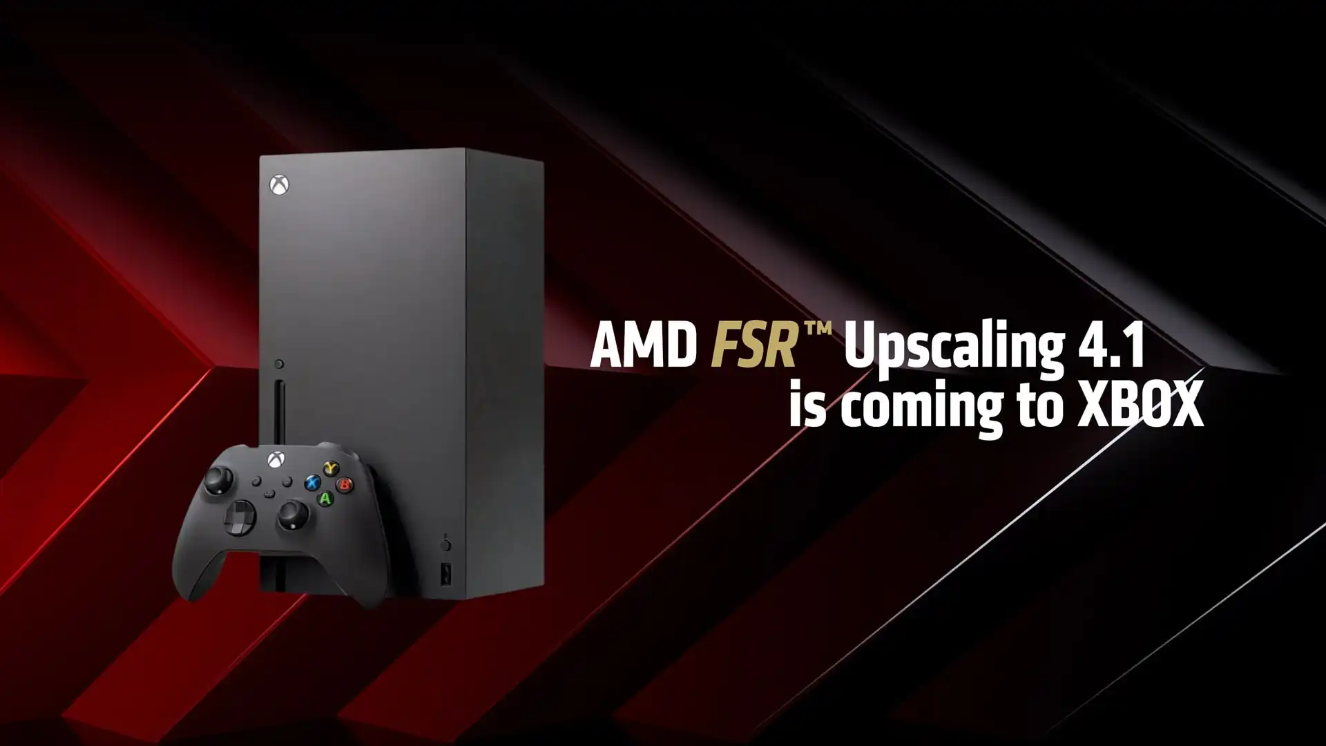 Xbox Series Xの本体とコントローラー、AMD FSR Upscaling 4.1 is coming to XBOXの文字