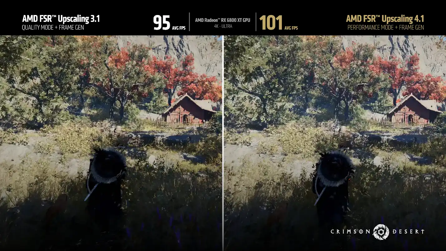 Radeon RX 6800 XTでのFSR 3.1とFSR Upscaling 4.1の比較。Crimson Desertの同じ場面を左右に並べたもの