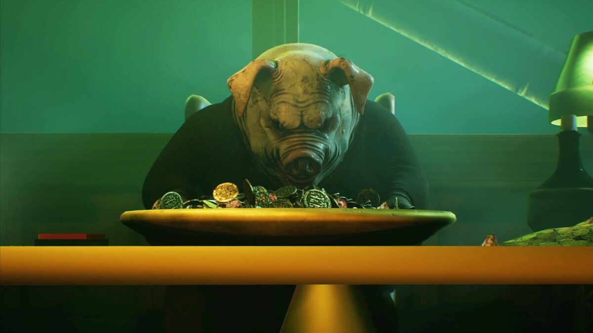 A pig-masked figure hunches over a bowl of coins in the land of Greed in AYASA: Shadows of Silence
