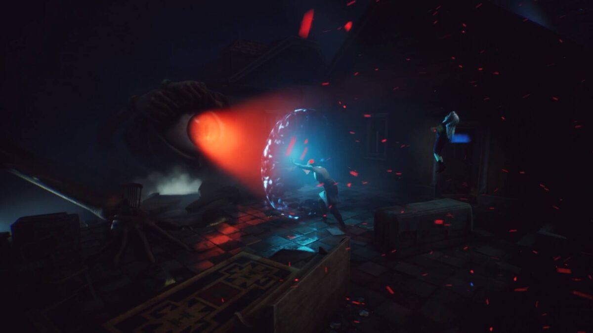 Ayasa raises a shield of blue light against a red beam from a giant eye in AYASA: Shadows of Silence